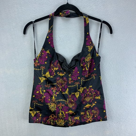 bebe Tops - **SOLD**Bebe Silk Halter Bustier Corset Top Size Small Black Plum Back Zip Boned